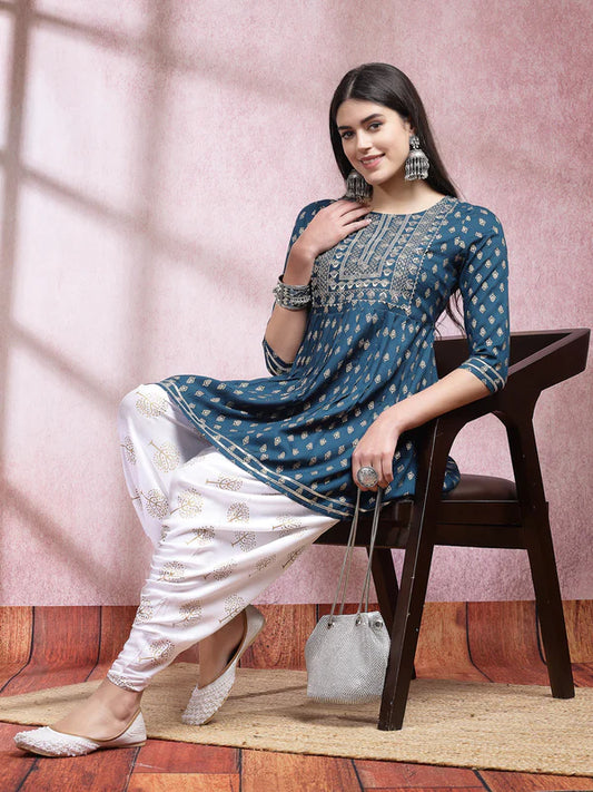 PRINTED & EMBROIDERED RAYON KURTI WITH DHOTI PANT