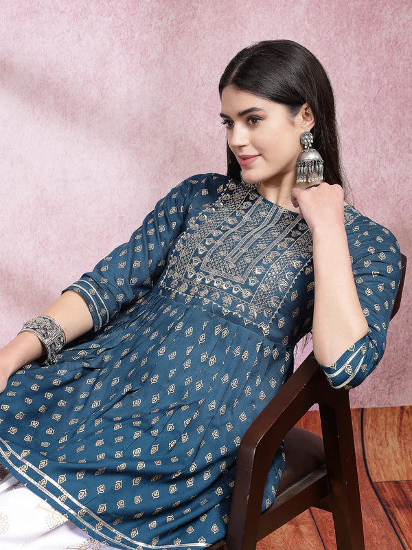 PRINTED & EMBROIDERED RAYON KURTI WITH DHOTI PANT