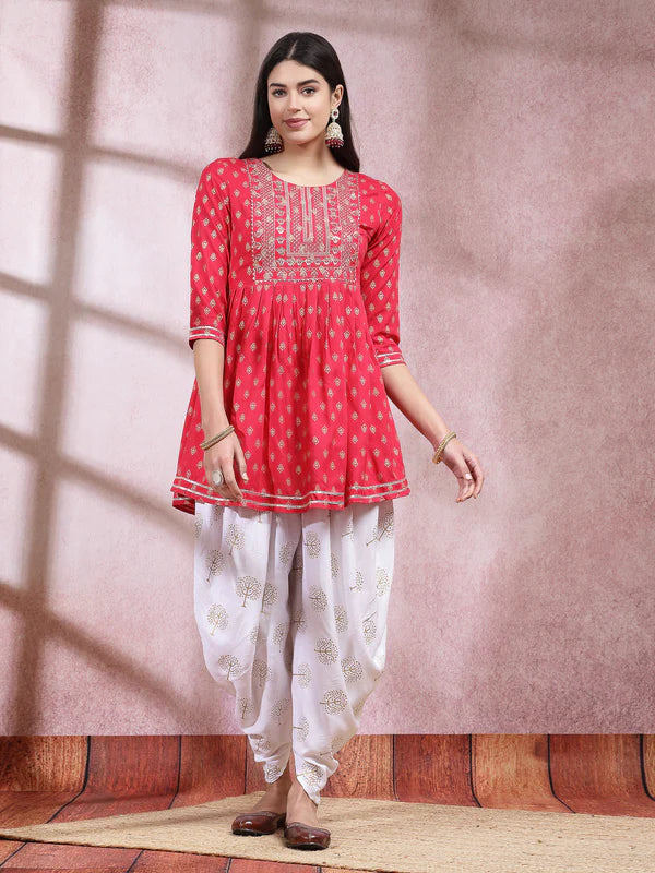 PRINTED & EMBROIDERED RAYON KURTI WITH DHOTI PANT