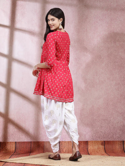 PRINTED & EMBROIDERED RAYON KURTI WITH DHOTI PANT