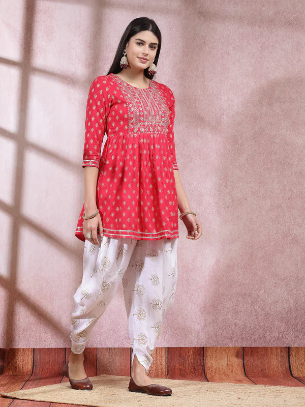 PRINTED & EMBROIDERED RAYON KURTI WITH DHOTI PANT