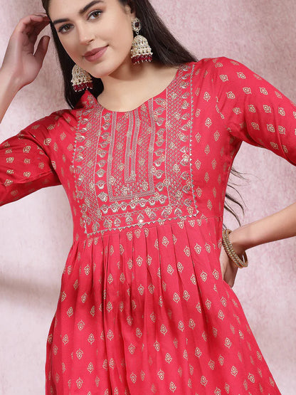 PRINTED & EMBROIDERED RAYON KURTI WITH DHOTI PANT