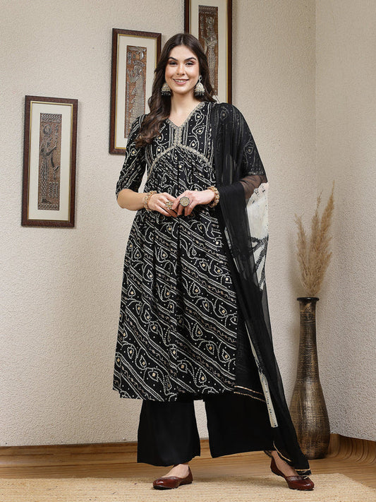 BANDHEJ PRINTED RAYON NAIRA CUT KURTA PALAZZO DUPATTA SET