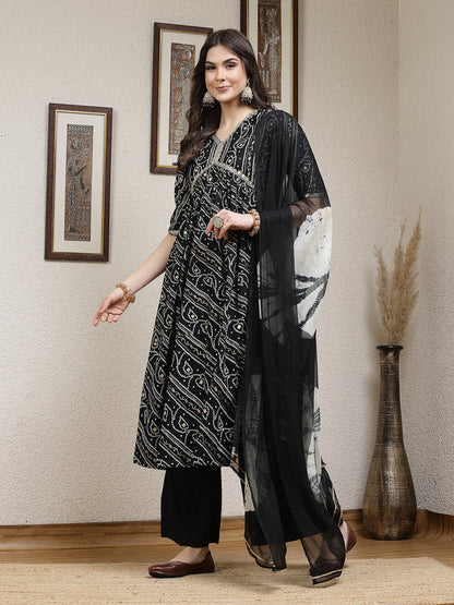 BANDHEJ PRINTED RAYON NAIRA CUT KURTA PALAZZO DUPATTA SET