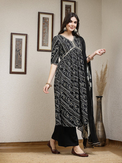 BANDHEJ PRINTED RAYON NAIRA CUT KURTA PALAZZO DUPATTA SET