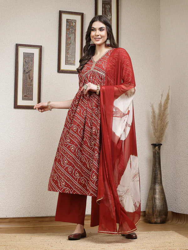 BANDHEJ PRINTED RAYON NAIRA CUT KURTA PALAZZO DUPATTA SET