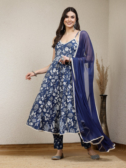 FLORAL PRINTED RAYON ANARKALI KURTA PANT DUPATTA SET