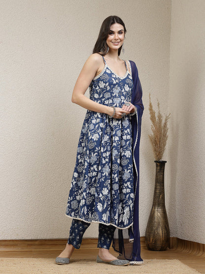 FLORAL PRINTED RAYON ANARKALI KURTA PANT DUPATTA SET