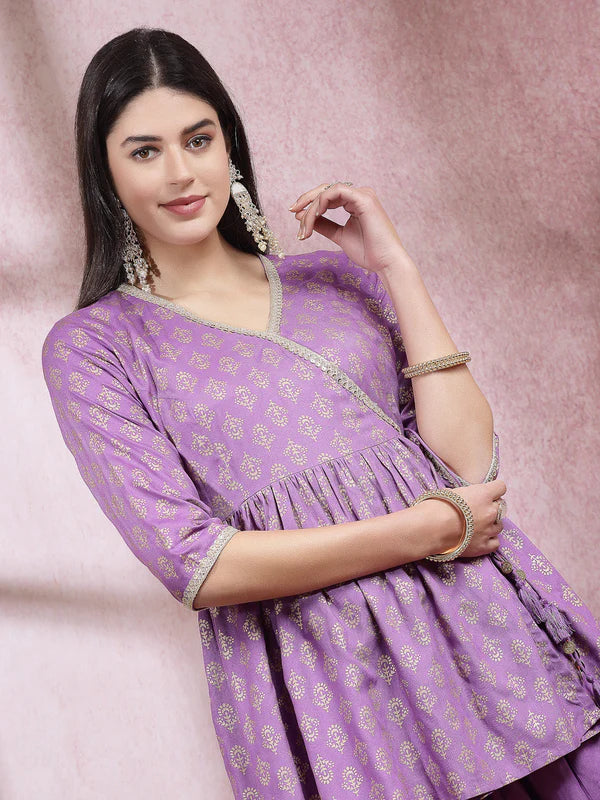 ETHNIC MOTIF PRINTED RAYON ANGRAKHA KURTI WITH DHOTI PANT