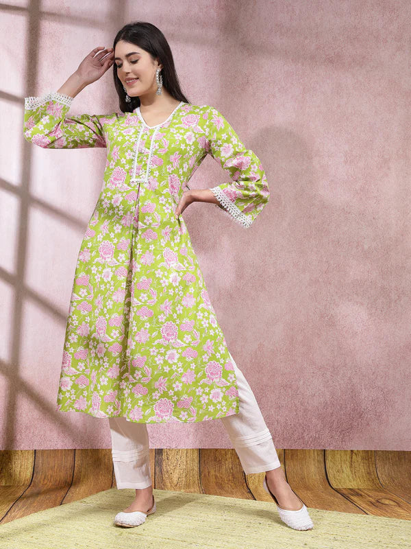 FLORAL PRINTED COTTON STRAIGHT KURTA PANT SET