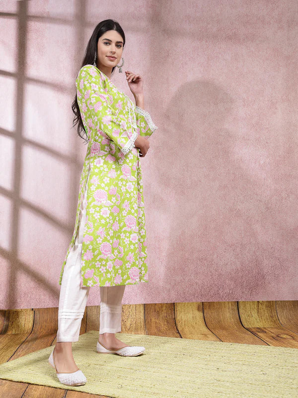 FLORAL PRINTED COTTON STRAIGHT KURTA PANT SET