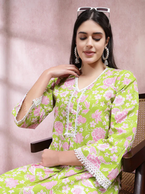 FLORAL PRINTED COTTON STRAIGHT KURTA PANT SET