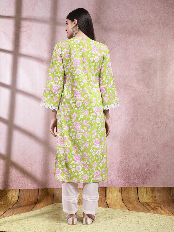 FLORAL PRINTED COTTON STRAIGHT KURTA PANT SET