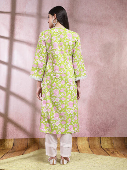 FLORAL PRINTED COTTON STRAIGHT KURTA PANT SET