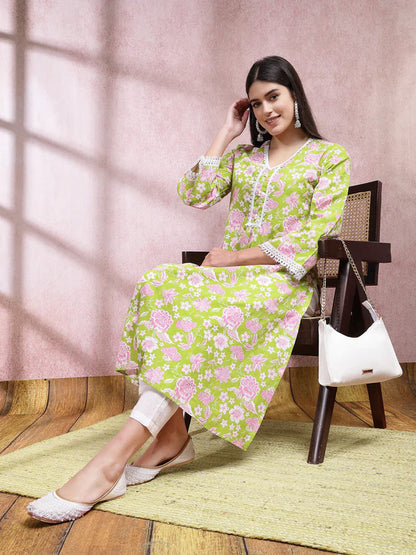 FLORAL PRINTED COTTON STRAIGHT KURTA PANT SET