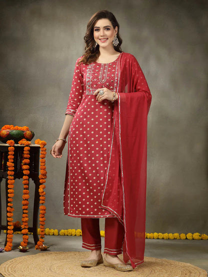 BANDHEJ PRINTED & EMBROIDERED RAYON STRAIGHT KURTA PANT DUPATTA SET