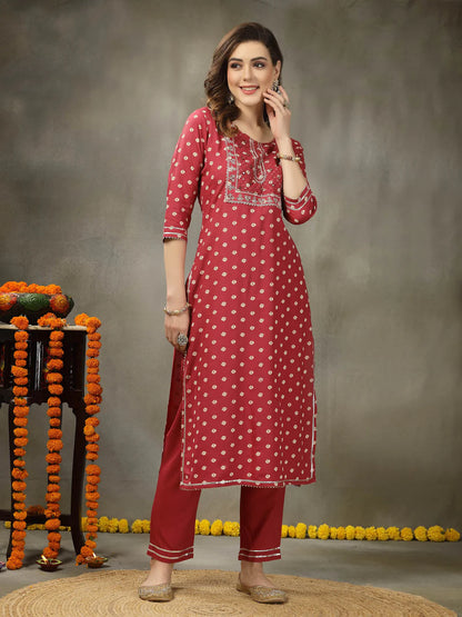 BANDHEJ PRINTED & EMBROIDERED RAYON STRAIGHT KURTA PANT DUPATTA SET