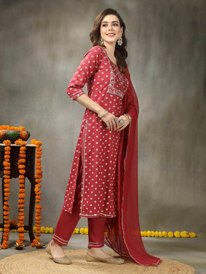 BANDHEJ PRINTED & EMBROIDERED RAYON STRAIGHT KURTA PANT DUPATTA SET