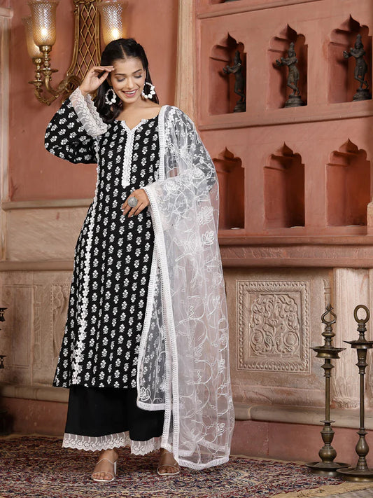 FLORAL PRINTED RAYON STRAIGHT KURTA PALAZZO DUPATTA SET