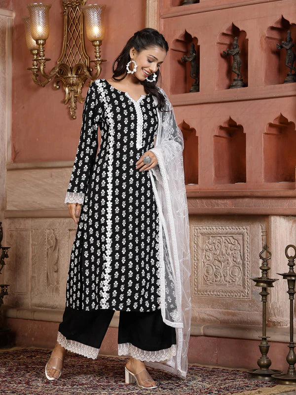 FLORAL PRINTED RAYON STRAIGHT KURTA PALAZZO DUPATTA SET