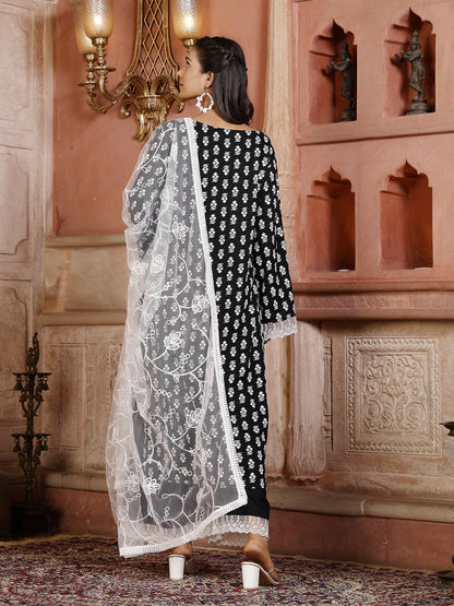 FLORAL PRINTED RAYON STRAIGHT KURTA PALAZZO DUPATTA SET