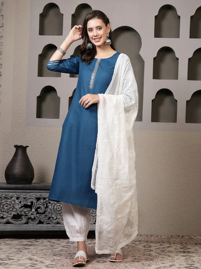 SOLID COTTON BLEND STRAIGHT KURTA PANT DUPATTA SET