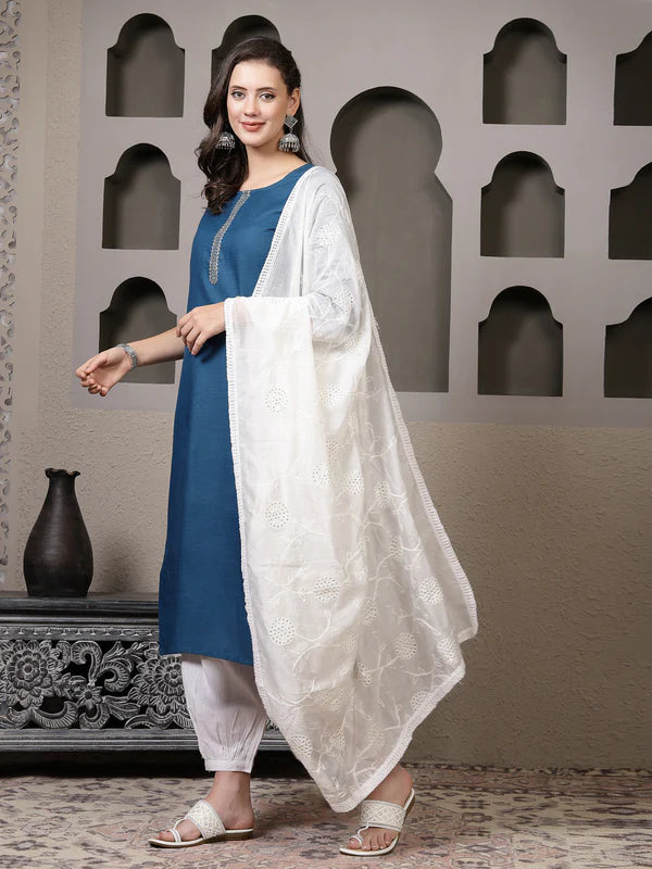 SOLID COTTON BLEND STRAIGHT KURTA PANT DUPATTA SET