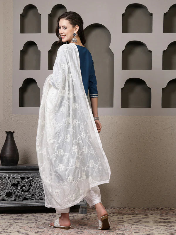 SOLID COTTON BLEND STRAIGHT KURTA PANT DUPATTA SET