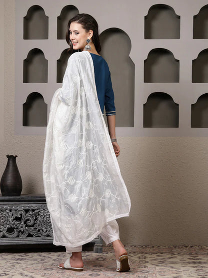 SOLID COTTON BLEND STRAIGHT KURTA PANT DUPATTA SET