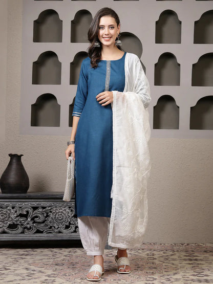 SOLID COTTON BLEND STRAIGHT KURTA PANT DUPATTA SET