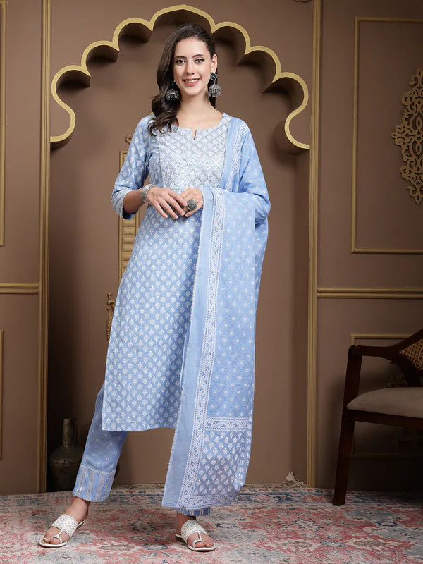 PRINTED & EMBELLISHED COTTON STRAIGHT KURTA PANT DUPATTA SET