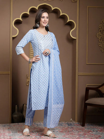 PRINTED & EMBELLISHED COTTON STRAIGHT KURTA PANT DUPATTA SET