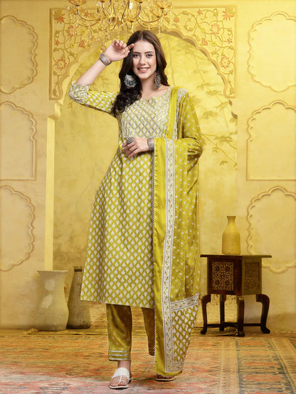 PRINTED & EMBELLISHED COTTON STRAIGHT KURTA PANT DUPATTA SET