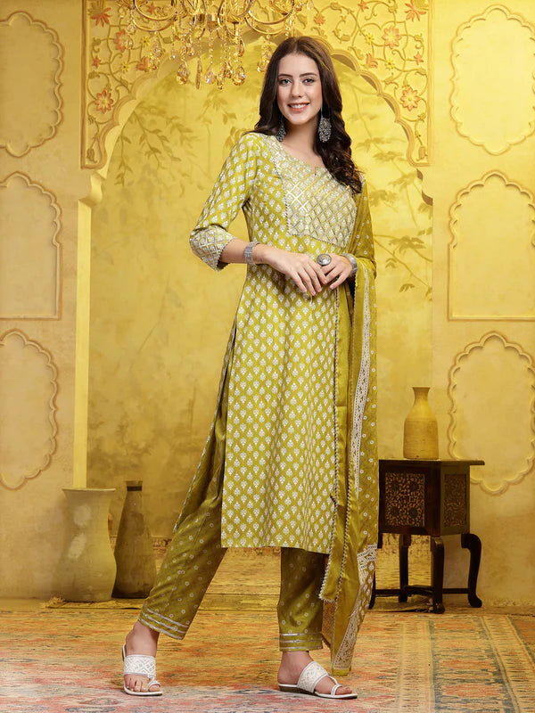 PRINTED & EMBELLISHED COTTON STRAIGHT KURTA PANT DUPATTA SET