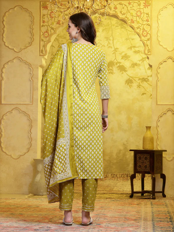 PRINTED & EMBELLISHED COTTON STRAIGHT KURTA PANT DUPATTA SET