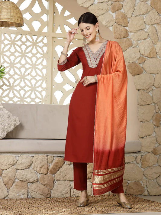 SOLID & EMBROIDERED RAYON STRAIGHT KURTA PANT & DUPATTA SET