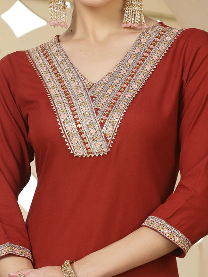 SOLID & EMBROIDERED RAYON STRAIGHT KURTA PANT & DUPATTA SET