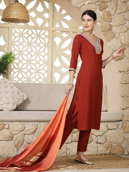 SOLID & EMBROIDERED RAYON STRAIGHT KURTA PANT & DUPATTA SET