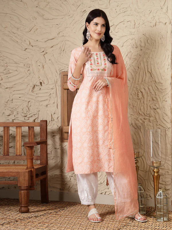 PAISLEY PRINTED & EMBROIDERED COTTON BLEND STRAIGHT KURTA AFGHANI PANT & DUPATTA SET