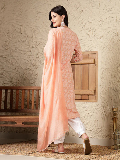 PAISLEY PRINTED & EMBROIDERED COTTON BLEND STRAIGHT KURTA AFGHANI PANT & DUPATTA SET