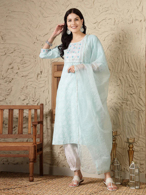 PAISLEY PRINTED & EMBROIDERED COTTON BLEND STRAIGHT KURTA AFGHANI PANT & DUPATTA SET