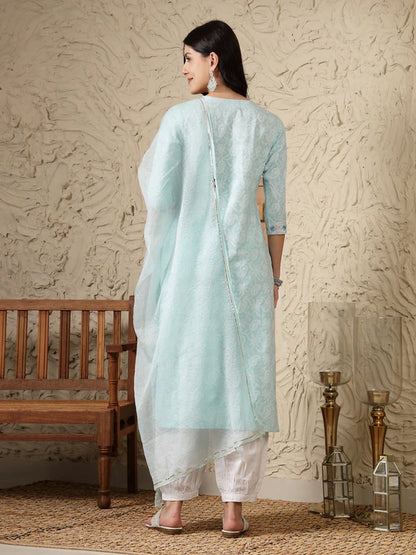 PAISLEY PRINTED & EMBROIDERED COTTON BLEND STRAIGHT KURTA AFGHANI PANT & DUPATTA SET