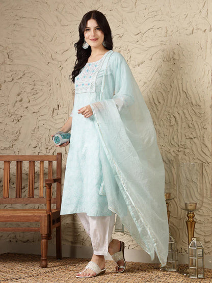 PAISLEY PRINTED & EMBROIDERED COTTON BLEND STRAIGHT KURTA AFGHANI PANT & DUPATTA SET