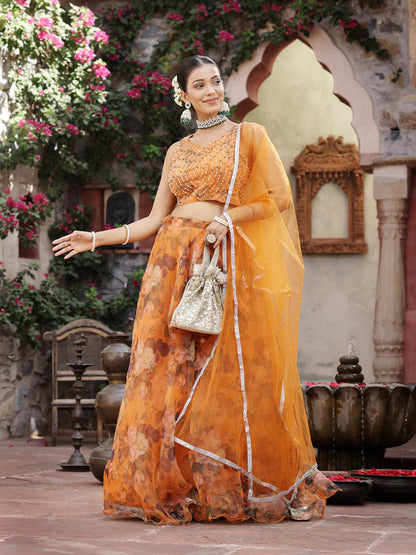 FLORAL PRINTED & EMBROIDERED ORGANZA LEHENGA DUPATTA WITH BLOUSE