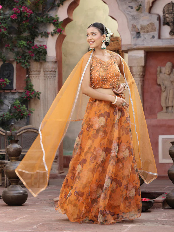 FLORAL PRINTED & EMBROIDERED ORGANZA LEHENGA DUPATTA WITH BLOUSE