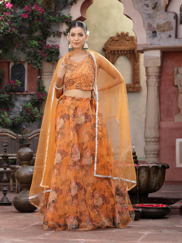 FLORAL PRINTED & EMBROIDERED ORGANZA LEHENGA DUPATTA WITH BLOUSE