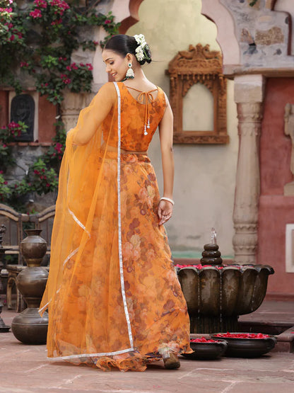 FLORAL PRINTED & EMBROIDERED ORGANZA LEHENGA DUPATTA WITH BLOUSE