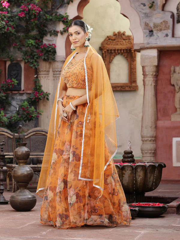 FLORAL PRINTED & EMBROIDERED ORGANZA LEHENGA DUPATTA WITH BLOUSE