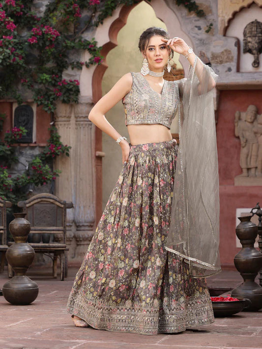 FLORAL PRINTED & EMBROIDERED SILK BLEND LEHENGA DUPATTA WITH BLOUSE