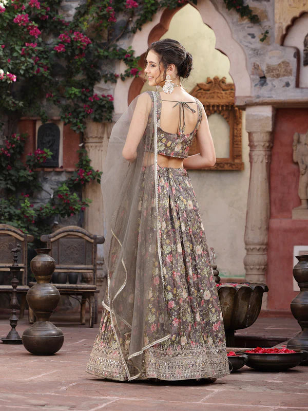 FLORAL PRINTED & EMBROIDERED SILK BLEND LEHENGA DUPATTA WITH BLOUSE